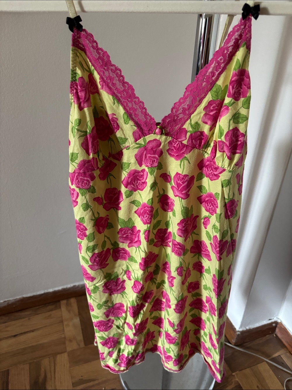Vintage Betsey Johnson Pink Rose Lingerie Tank Top with Yellow Base